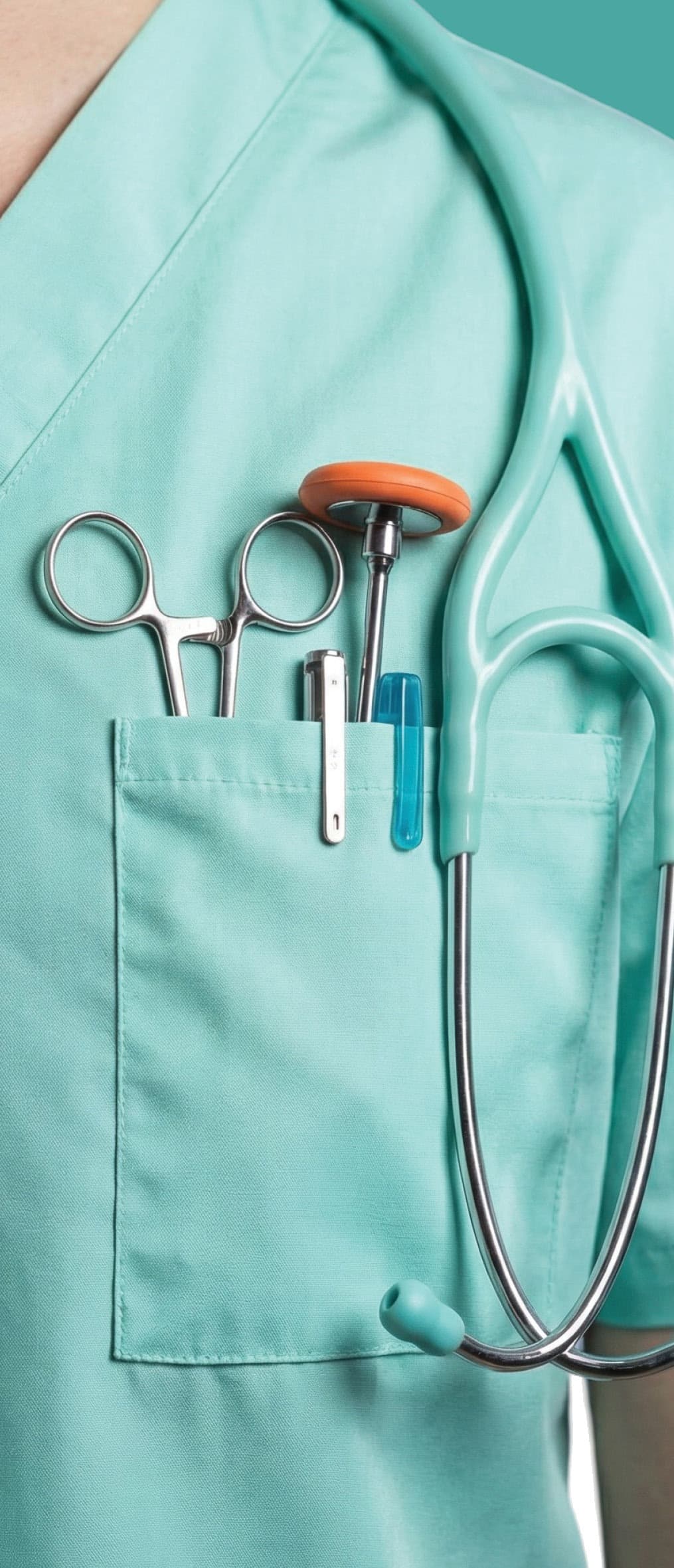 Clinical uniform with medical tools and a stethoscope.