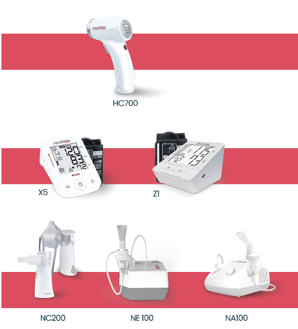 Rossmax consumer-care device range — HC700 thermometer, X5 and Z1 blood pressure monitors, and NC200, NE100, NA100 nebulisers.