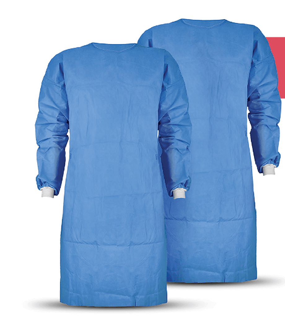 Two sterile blue surgical gowns displayed side by side on a white background.